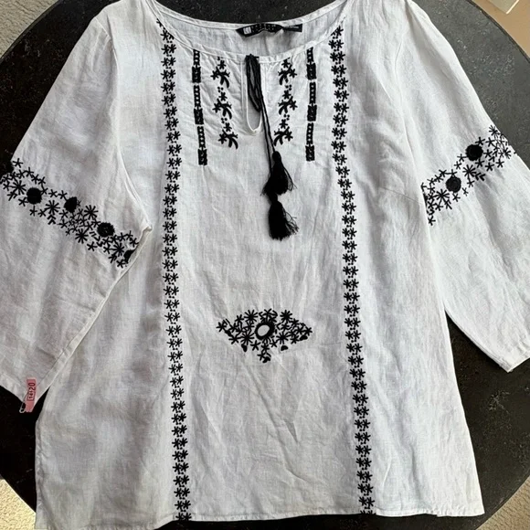 Boho White Linen Peasant Top with Black Intricate Embroidery - Picture 2 of 16